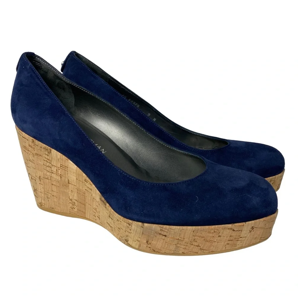 Stuart Weitzman Navy Suede Cork Wedge Pumps - Picture 1 of 11